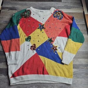Cervelle Vintage Sweater Women's XL Bright Colorblock Sequin Hearts Stars